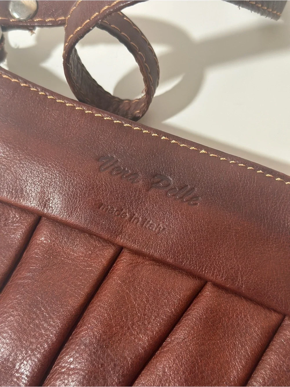 Vera Pelle Made In Italy Genuine Leather Brown Crossbody Bag Mini Pleated Purse